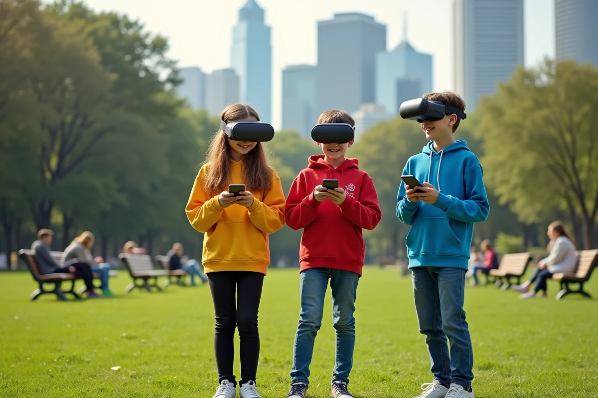 Groupe d adolescents utilisant des smartphones et des visors AR dans un parc