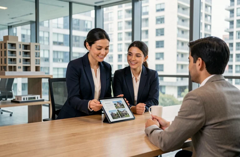 Agent immobilière professionnelle présentant des annonces immobilières à un couple dans un bureau moderne et lumineux