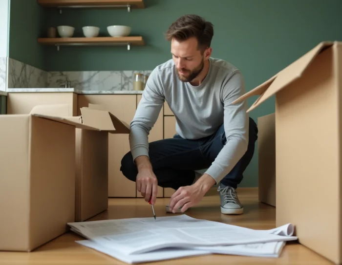 Homme assemblant des meubles en kit dans une cuisine moderne aux murs vert sauge lors d'une rénovation d'appartement