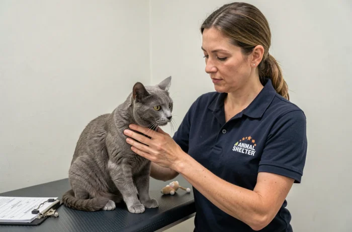 Une bénévole de la SPA évalue le comportement d'un chat gris avant de valider une adoption