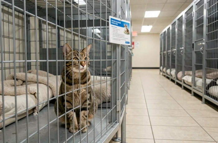 Un chat tigré dans un enclos de refuge SPA attendant d'être adopté, avec une fiche d'adoption sur la porte