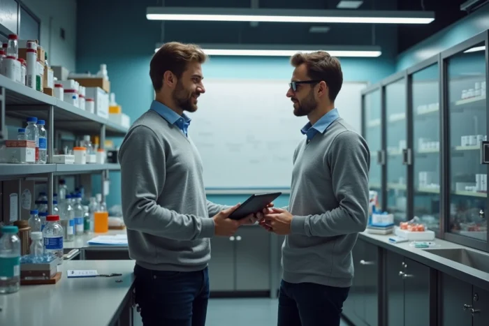 Chercheur CNRS discutant des primes et avantages avec un collègue dans un laboratoire moderne