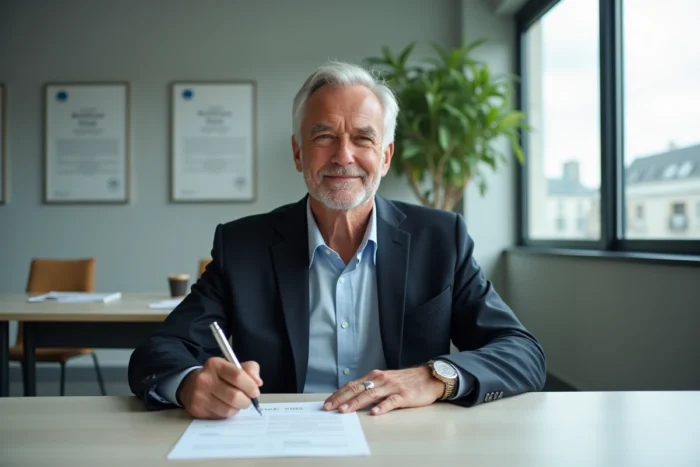 Chercheur senior du CNRS signant un contrat de travail dans un bureau administratif