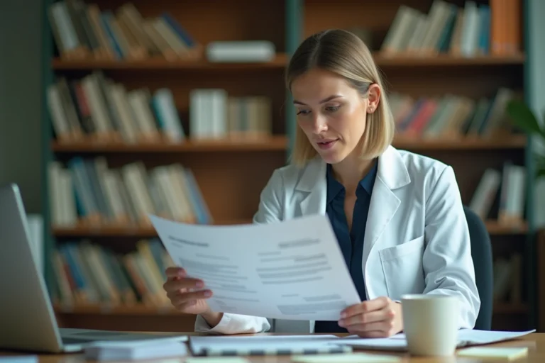 Chercheuse du CNRS consultant des documents de rémunération dans un bureau universitaire