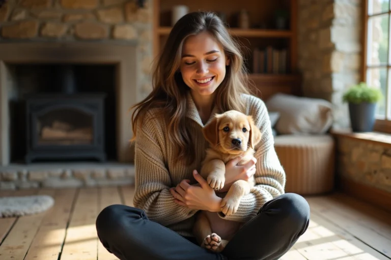Jeune femme tenant un chiot golden retriever dans ses bras dans un intérieur normand en pierre