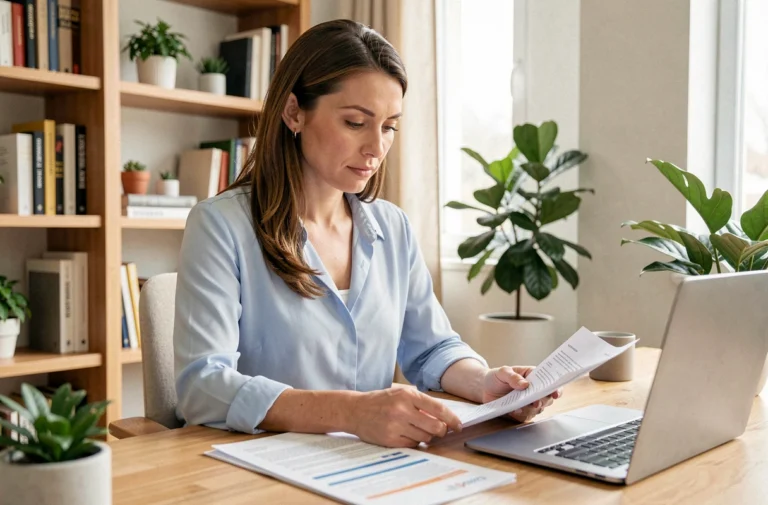 Femme comparant des offres de mutuelle santé sur des documents papier dans un bureau à domicile