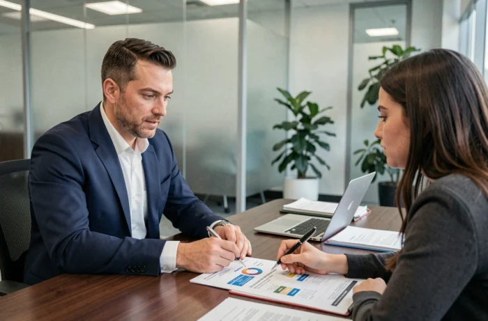 Conseiller bancaire présentant les options de prêt immobilier à une cliente