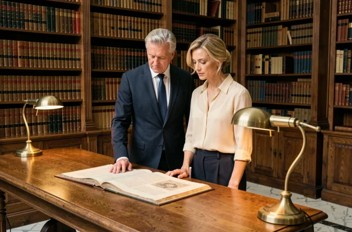 Couple élégant consultant des archives historiques dans une bibliothèque ancienne aux étagères en bois sombre