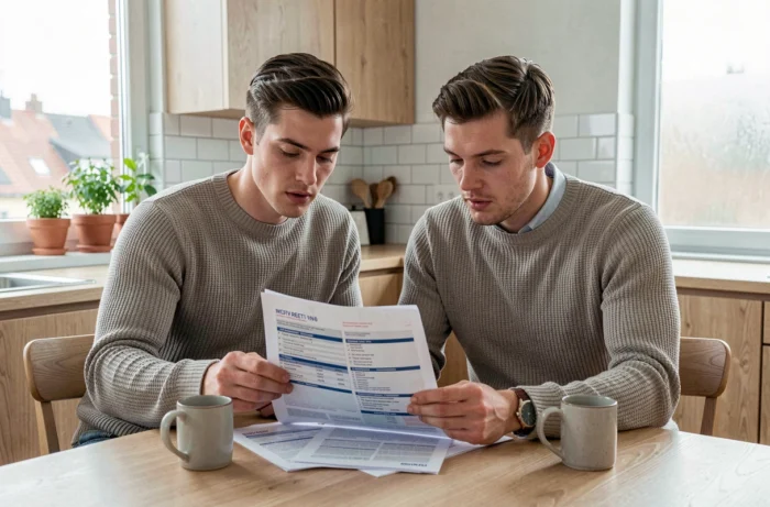Couple comparant des agences immobilières à domicile en étudiant des documents et des comparatifs de services
