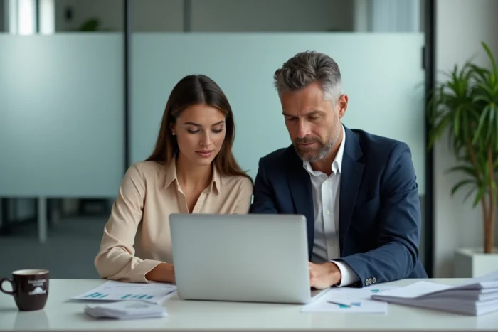Koppel in vergadering met een bankadviseur die hypotheekaanbiedingen vergelijkt op een laptop in een professionele kantoor