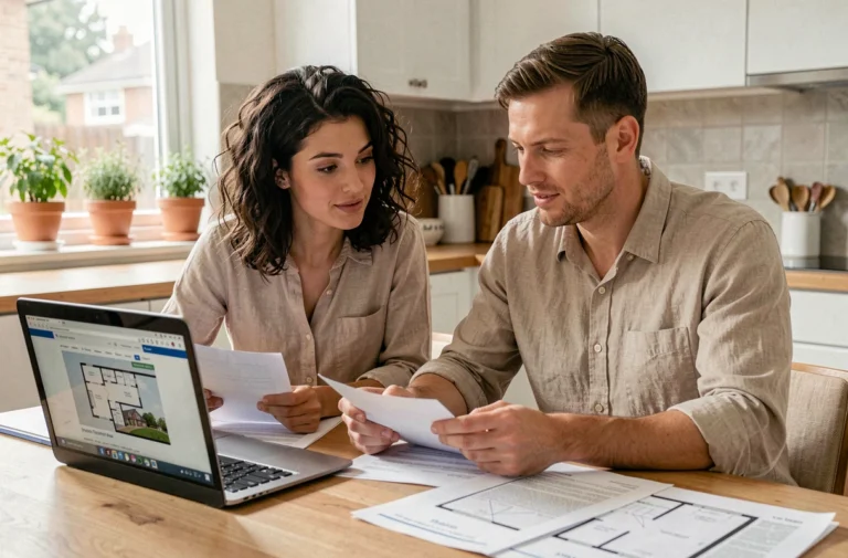 Couple en train d'étudier des documents de crédit immobilier à leur table de cuisine