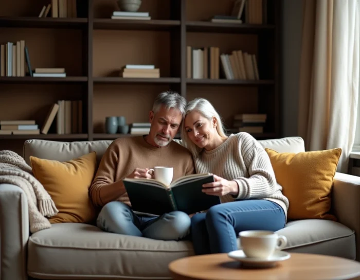 Couple feuilletant un magazine de décoration intérieure dans un salon cosy avec bibliothèque en bois et canapé en velours