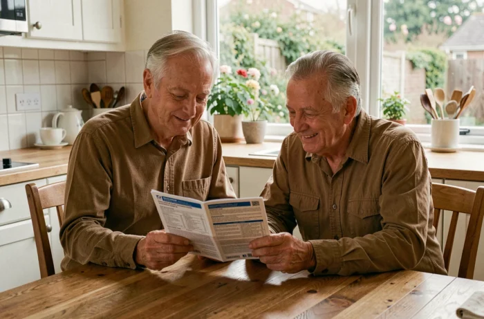 Couple de seniors comparant des brochures de mutuelle santé ensemble à la table de cuisine