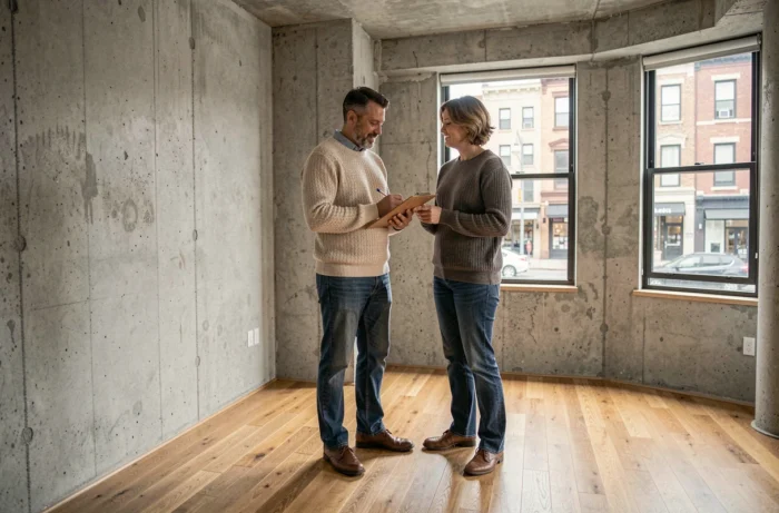 Couple visitant un appartement vide lors d'une visite de location immobilière en ville