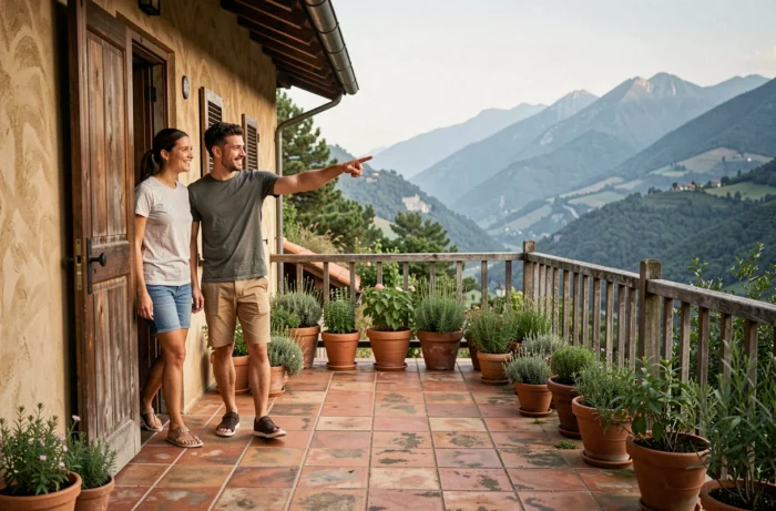 Couple de voyageurs découvrant la terrasse panoramique d'une maison d'hôtes rustique avec vue sur les montagnes