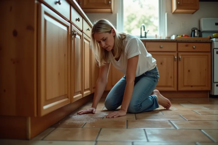 Femme examinant une fuite d'eau sous l'évier de sa cuisine, avec des dégâts visibles sur le parquet