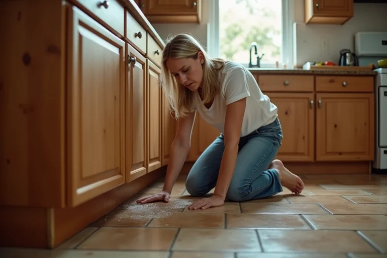 Femme examinant une fuite d'eau sous l'évier de sa cuisine, avec des dégâts visibles sur le parquet