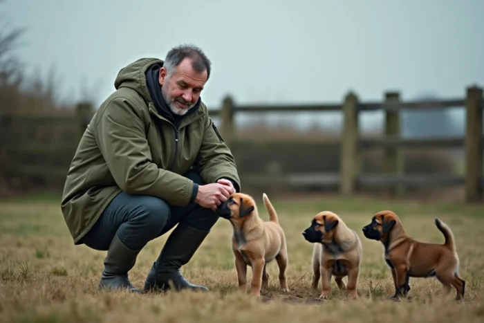 Éleveur normand avec des chiots dans un chenil extérieur à la campagne près de Falaise