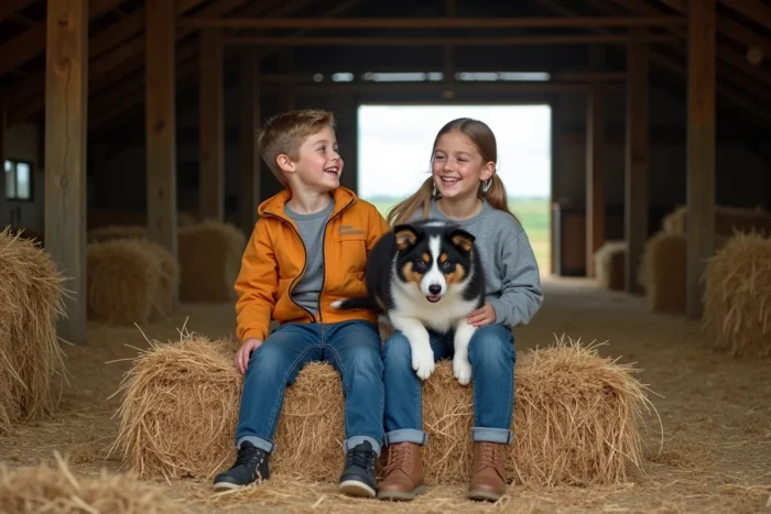 Deux enfants jouant avec un chiot border collie dans une grange normande à vendre près de Falaise