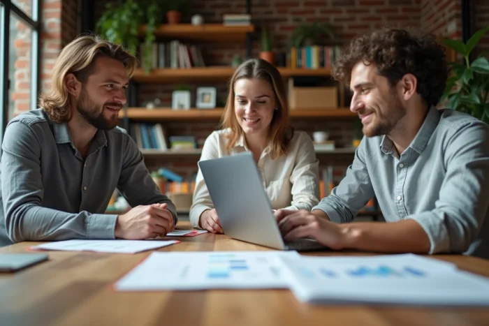 Équipe de professionnels en réunion collaborative dans un espace de coworking, analysant les tendances du marché 2024