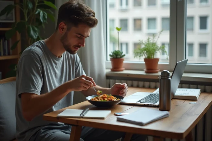 Étudiant mangeant un bowl maison à son bureau entouré de cours et d'un ordinateur portable