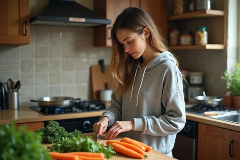 Étudiante préparant un repas rapide et coloré dans une petite cuisine universitaire avec des légumes frais