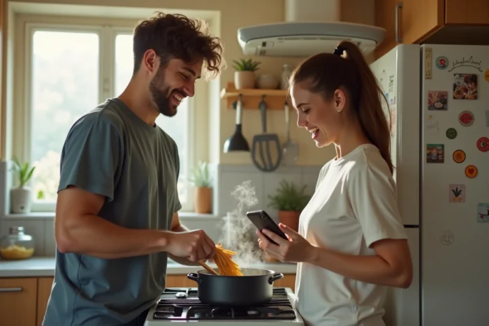 Deux étudiants préparant ensemble des pâtes dans une cuisine partagée avec une ambiance conviviale et décontractée