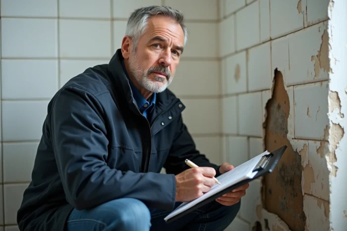 Expert en assurance évaluant les dégâts des eaux dans une salle de bain avec moisissures et murs détériorés