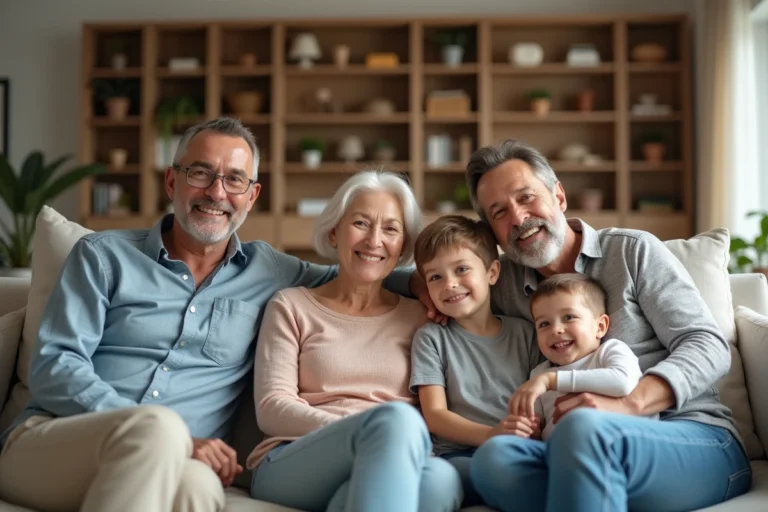 Famille multigenerations dans un salon moderne lumineux