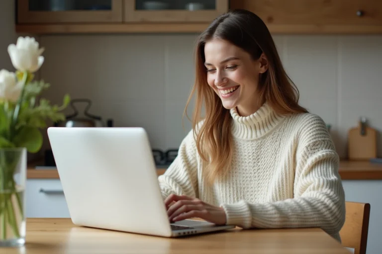 Jeune femme souriante utilisant un ordinateur pour acheter des parfums
