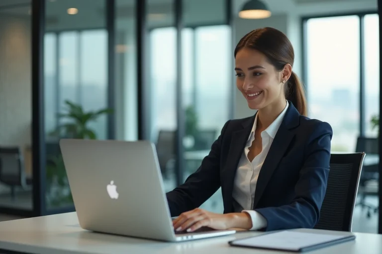 Femme en tenue professionnelle utilisant un ordinateur portable dans un bureau moderne