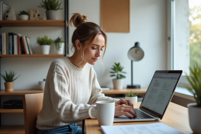 Jeune femme au bureau utilisant un ordinateur portable avec OpenOffice