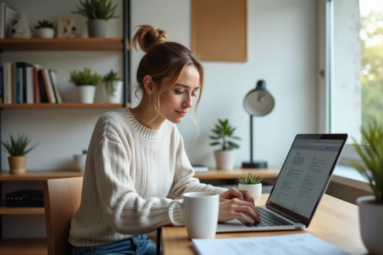 Jeune femme au bureau utilisant un ordinateur portable avec OpenOffice