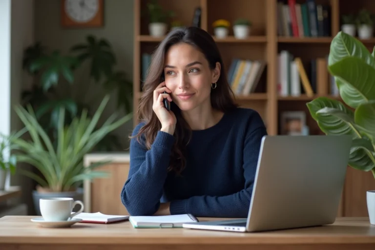 Femme au bureau moderne parlant au téléphone dans un bureau cosy