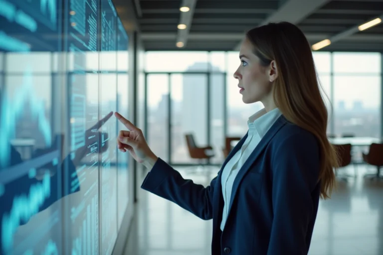 Femme cadre analysant des tendances business sur un écran interactif dans un bureau moderne en 2024