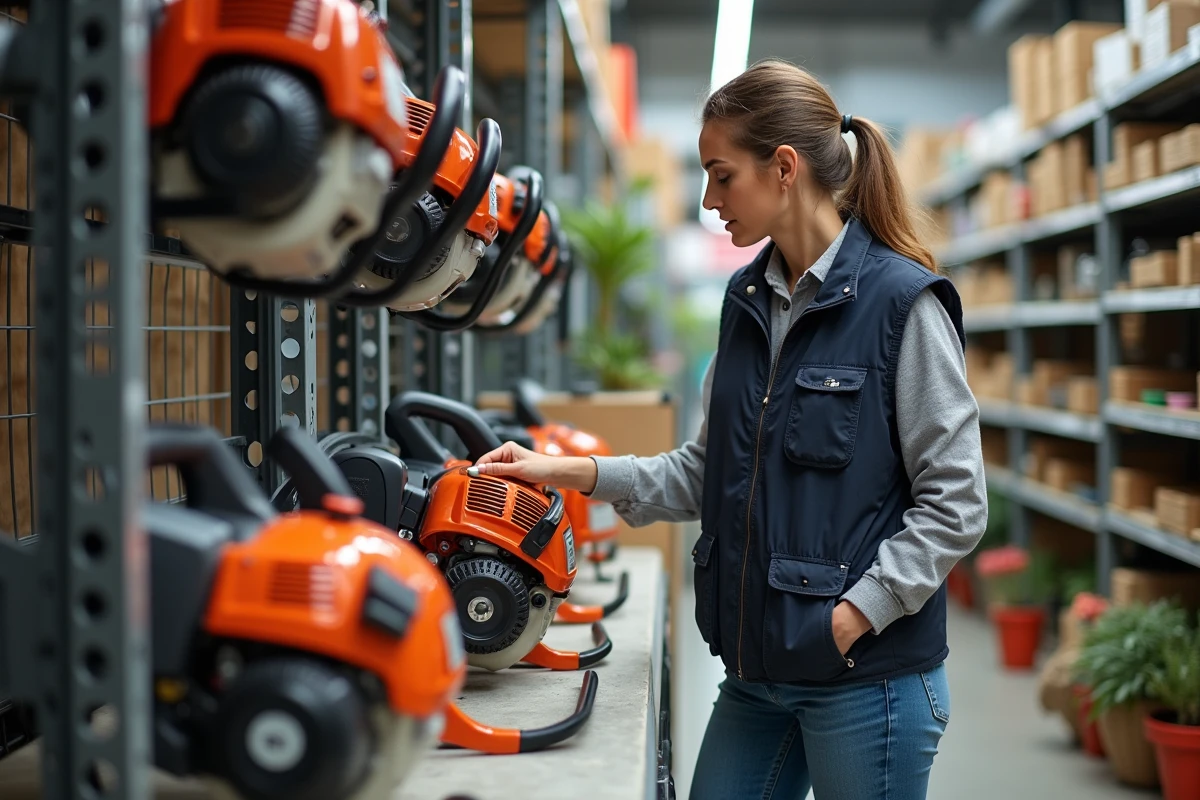 Femme inspectant des débroussailleuses dans un magasin de jardinage