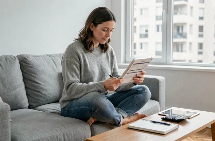Femme seule comparant des offres de crédit immobilier sur tablette chez elle