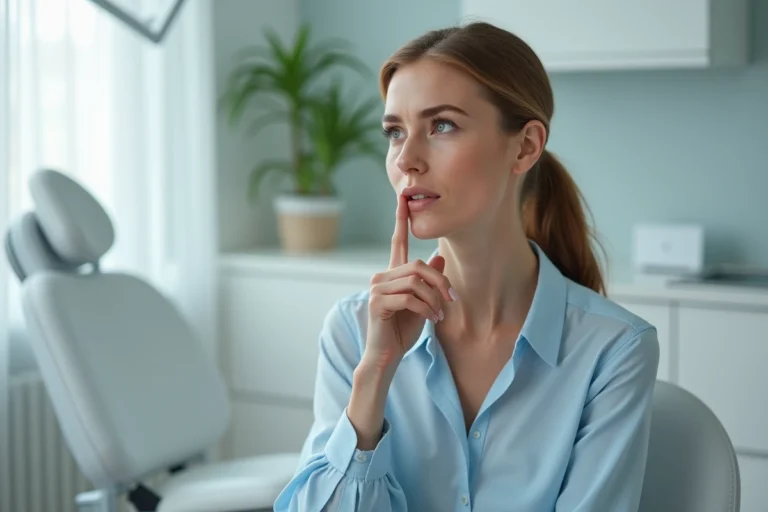 Femme adulte en consultation médicale touchant sa bouche en raison d'aphtes récurrents