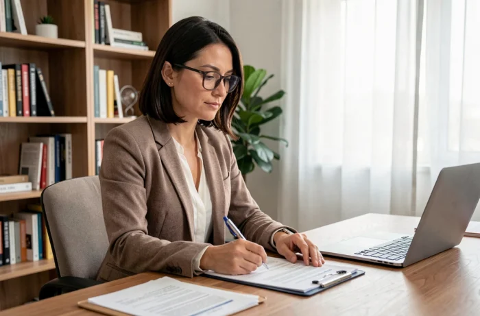 Femme consultant un contrat de location immobilière dans un bureau moderne et organisé