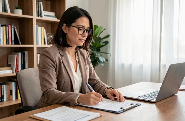 Femme consultant un contrat de location immobilière dans un bureau moderne et organisé