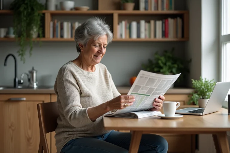 Femme d'âge moyen lisant un journal dans une cuisine moderne