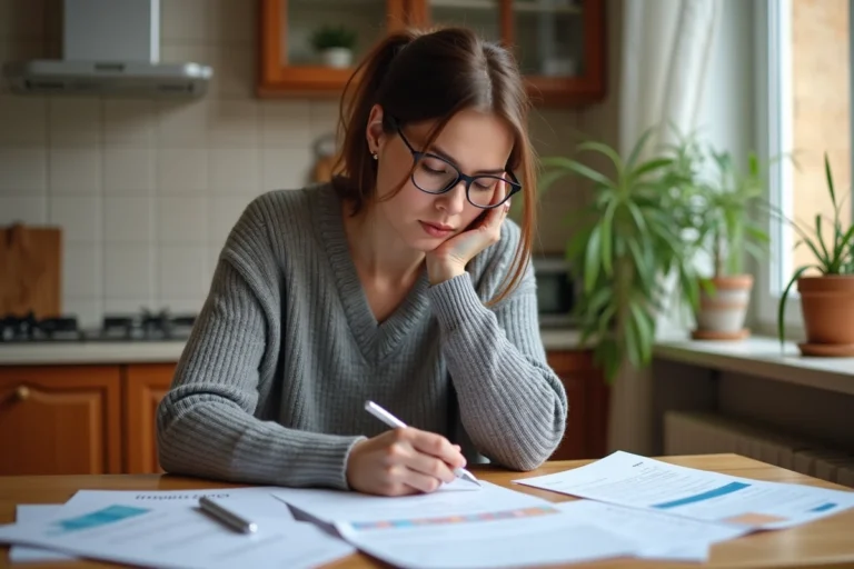 Femme consultant des documents d'assurance auto à la maison pour bien choisir son contrat en 2024