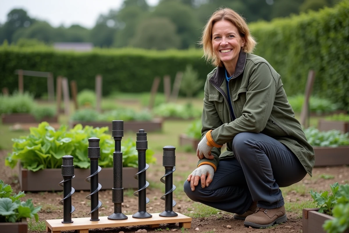 Femme souriante avec outils de jardinage dans un jardin communautaire