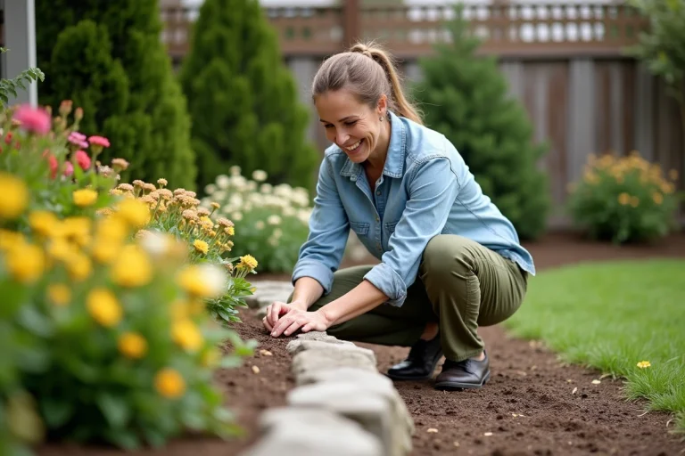 Femme en jardinage de perenes dans un jardin printanier