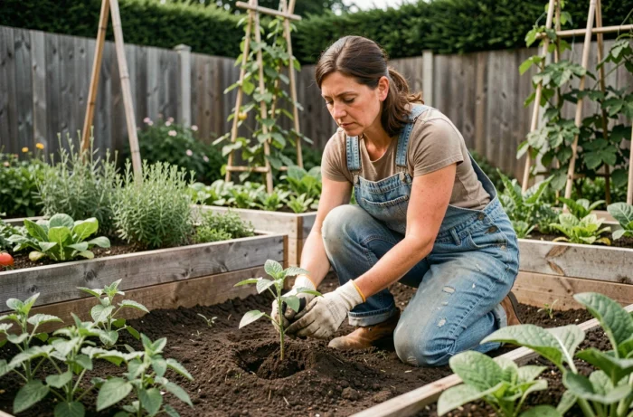 Femme jardinière en salopette en denim qui transplante un plant de tomate dans un potager surélevé entouré de plantes luxuriantes