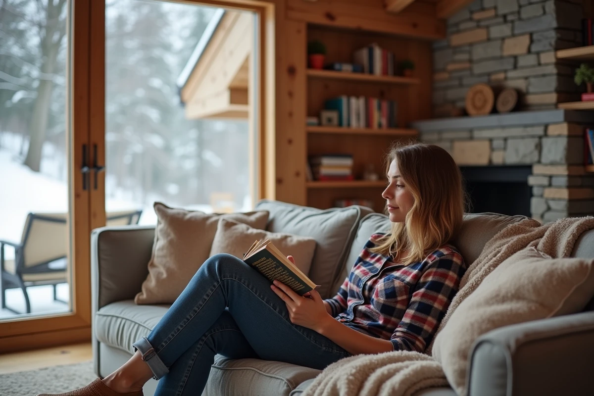 Femme lisant dans un salon chaleureux d