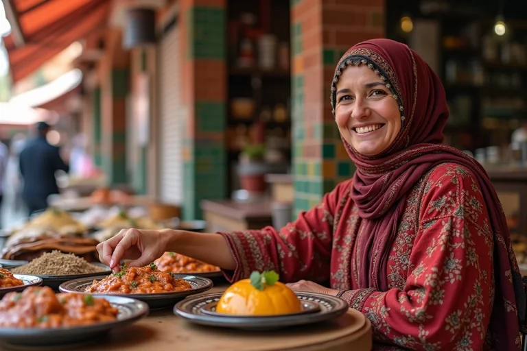 Femme marocaine souriante dégustant un tagine à Marrakech