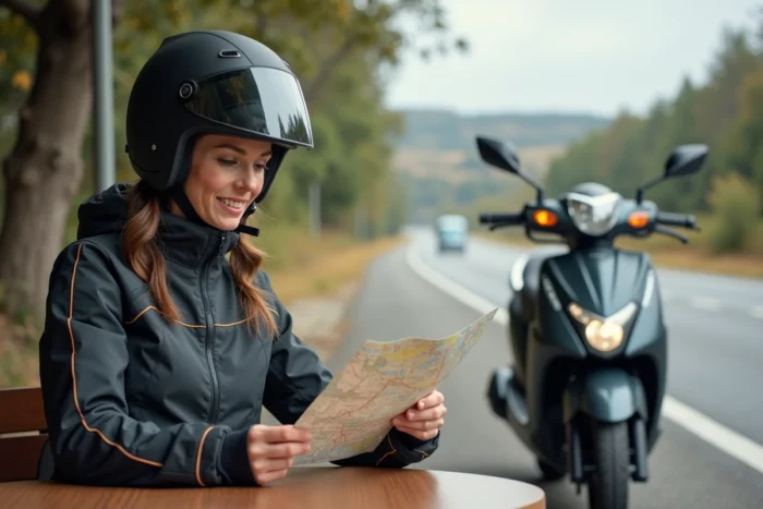 Femme motarde consultant une carte routière à une pause café, avec son scooter grand tourisme pour autoroute garé derrière elle