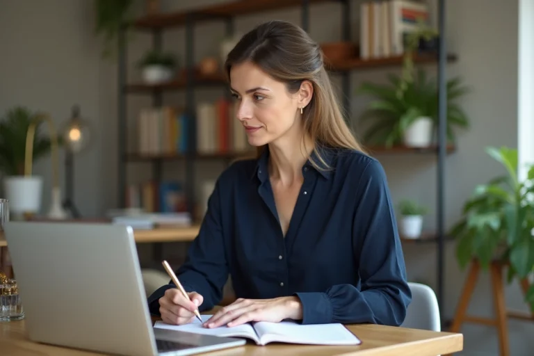 Femme professionnelle en bureau à la maison avec ordinateur et carnet