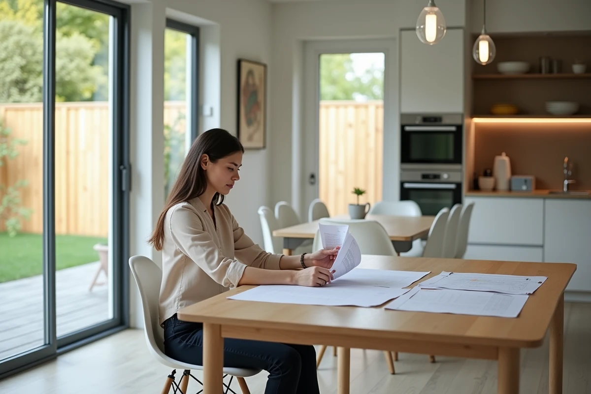 Femme professionnelle examinant des plans dans la cuisine